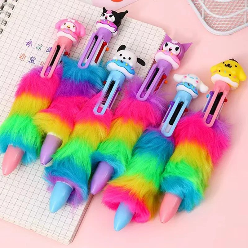 6Pcs/Set Plush Sanrio 6 Color Pen Mymelody Kuromi Cinnamoroll PomPom Purin Pochacco Cute Cartoon Ballpoint Pen Stationery gift