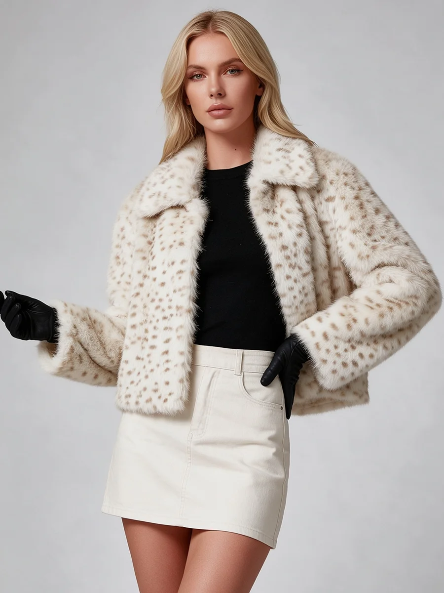PUAL  Women Leopard Print Faux Fur Cropped Jacket Lapel Collar Fluffy Winter Short Coat