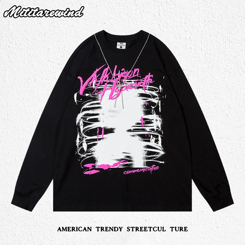 

Spring Autumn Graphic T Shirts Men Hip Hop Streetwear Long Sleeve Tees Korean Fashion Oversized Black White T-shirt Women