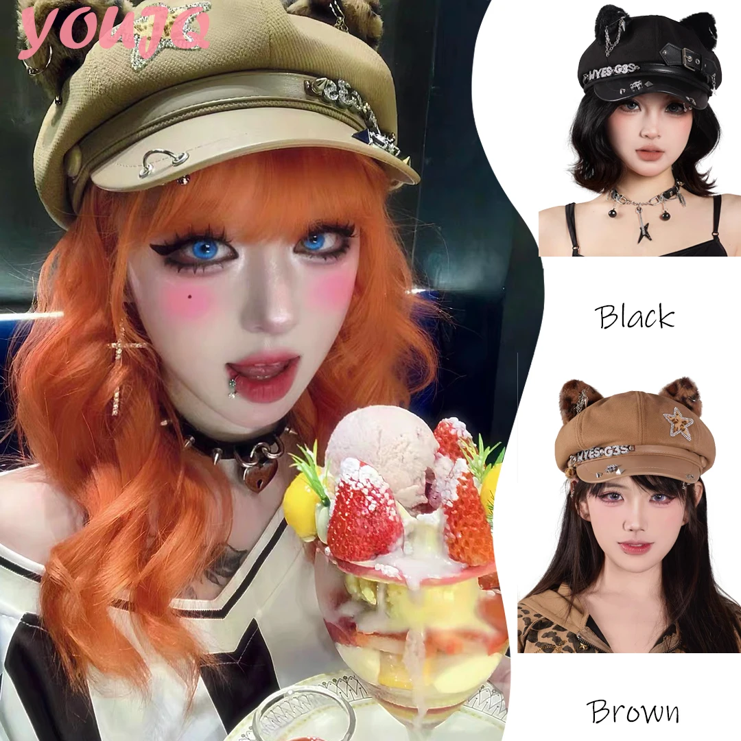 

Harajuku Gothic Women Y2k Girl Grunge Punk Personality PU Leather Beret Hats Chic Streetwear Goth Lolita Rock Caps Gorras Mujer