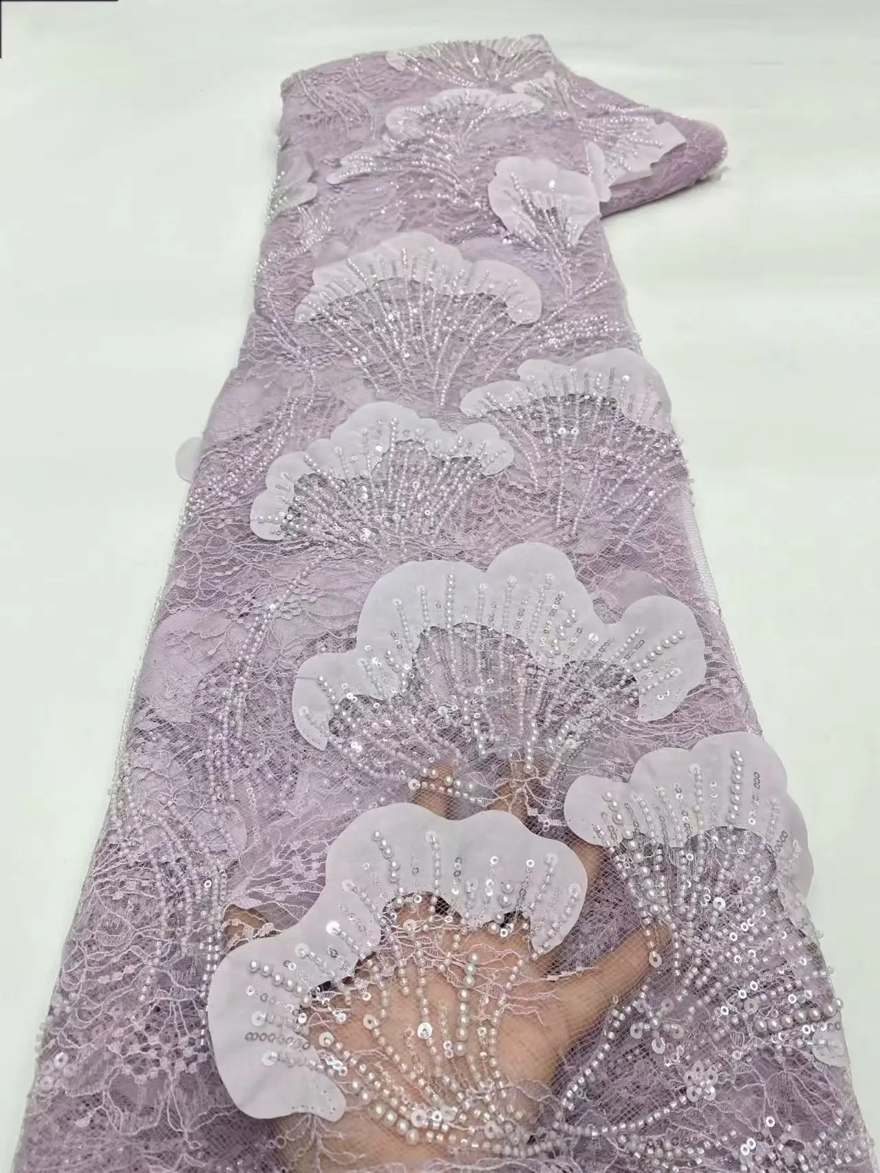 

Luxurious African Sequins Lace Fabric with Heavy 3D Beads Embroidery High Quality French Tulle for Wedding Dress Sewing
