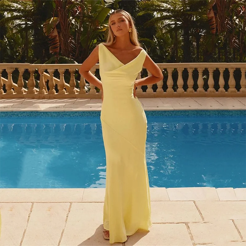 LORIE Yellow Satin V-Neck Wedding Dresses Mermaid Spaghetti Strap Elegent Bridal Gown Floor-Length Bride Gowns 2025 Customized