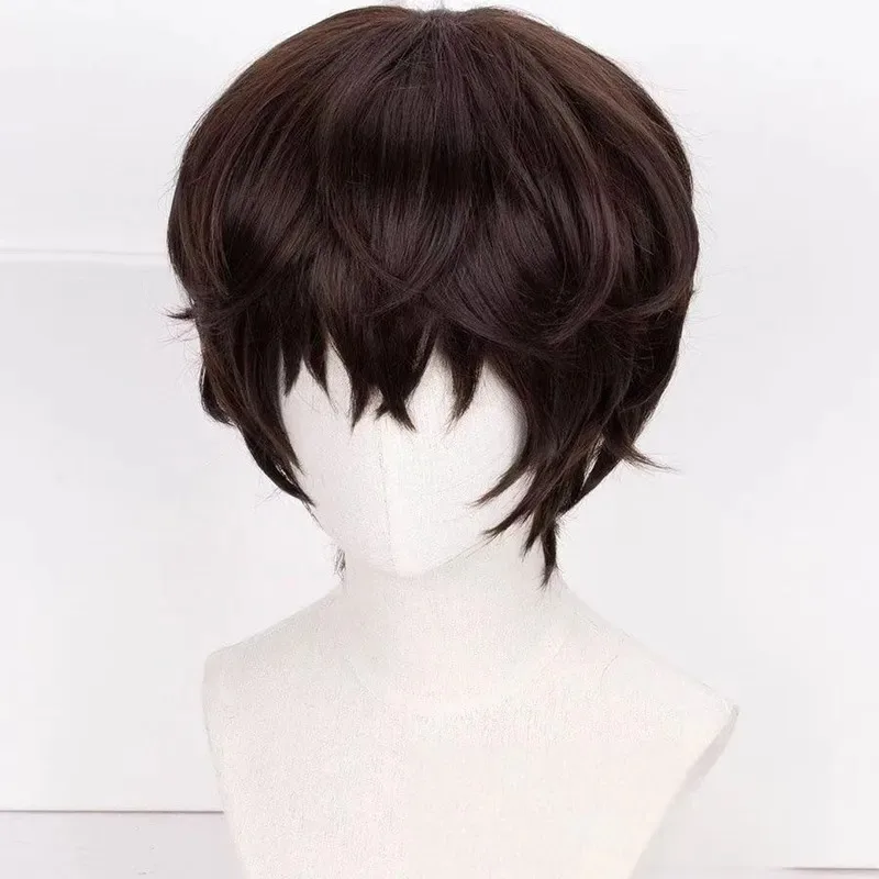 Парик Дазай Осаму, аниме Бунго, бродячие собаки, косплей, короткие коричневые термостойкие волосы, парики, галстук-боло, ожерелье, бесплатные колпачки, 3 дюйма, 6, 8 дюймов