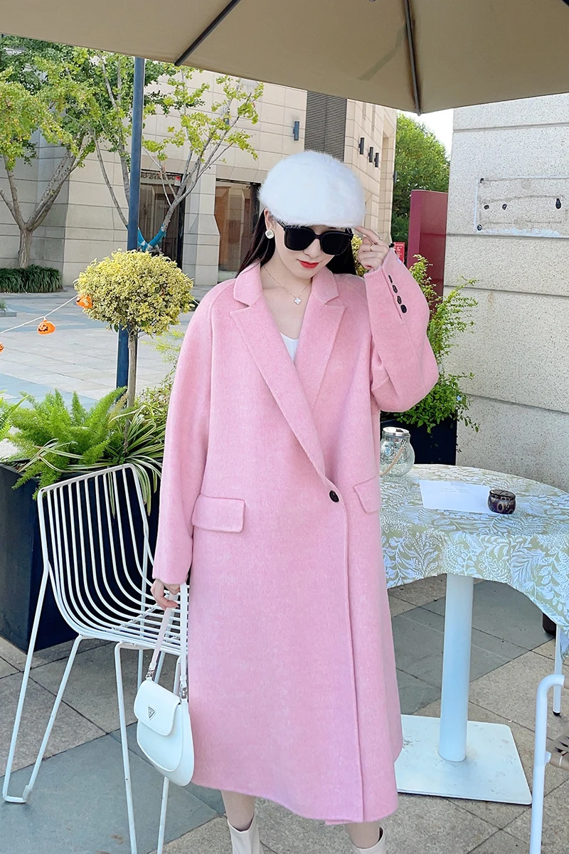 

Pink Double sided Cashmere Coat Women's 2022 Autumn/Winter New Korean Version Loose Large Medium Length Woolen Coat