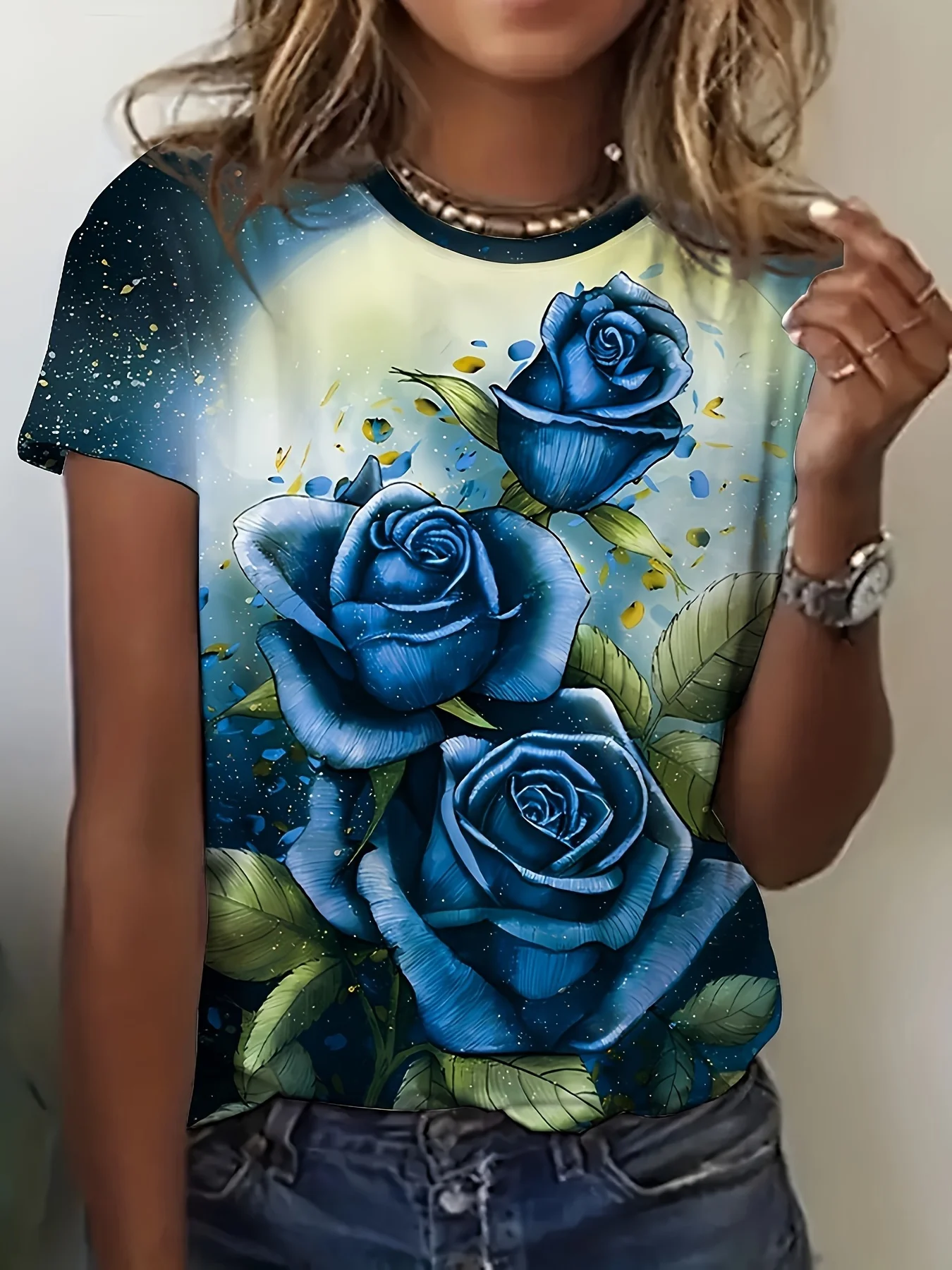 Women's T-shirt Watercolor Blue Rose Starry Sky Gradient Print Short Sleeve Top Summer Casual Crew Neck Ladies Daily Clothes