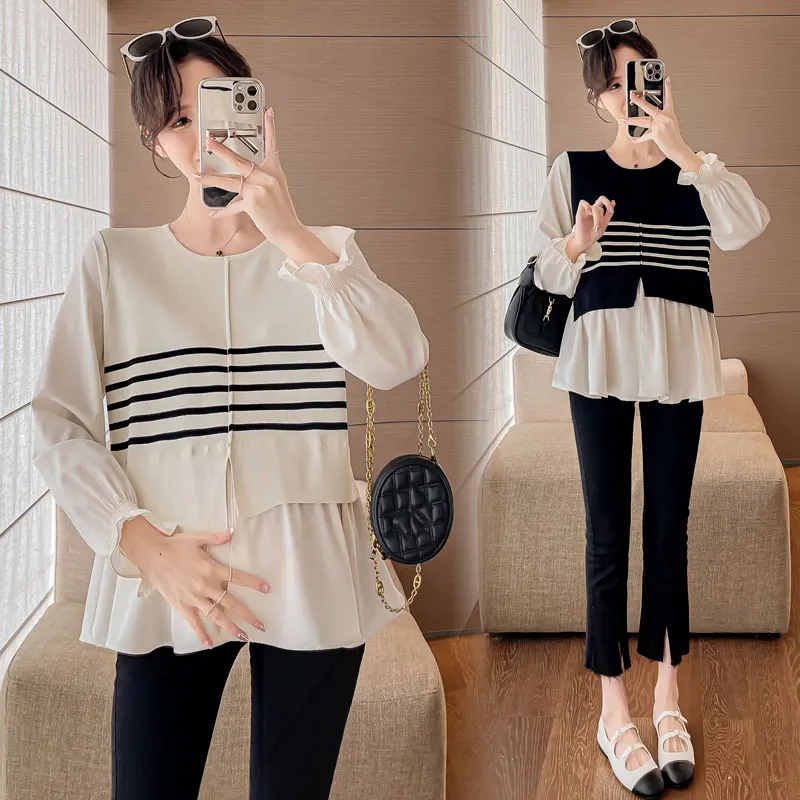 

Maternity Women Fall Sweet Lovely A Line Loose Tops Pregnant Women Youth Pregnancy Autumn Korean Fashion Patchwork Shirts