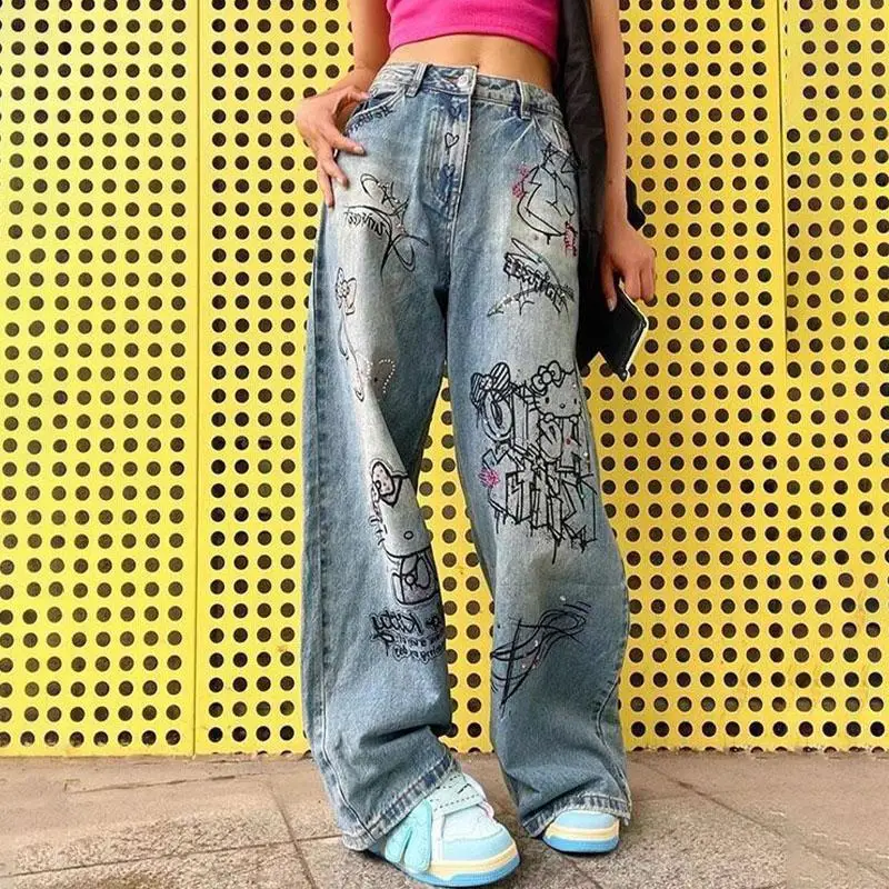 

American Hello Kittys Hot Diamond Jeans Anime Y2K Women Loose Straight Pants Vintage Graffiti Printed Trousers Trendy Streetwear