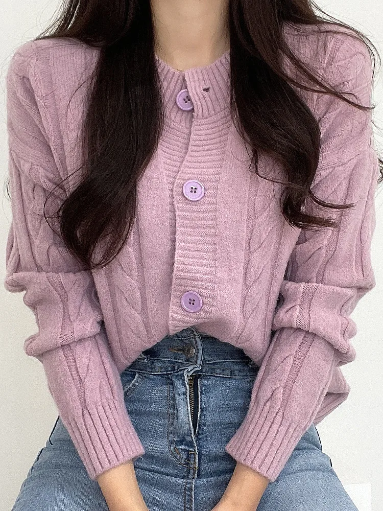 

Chic Summer Casual Versatile Single-Button Long Sve Knitted Cardigan Simple Design That Matches Everything Low round Ne