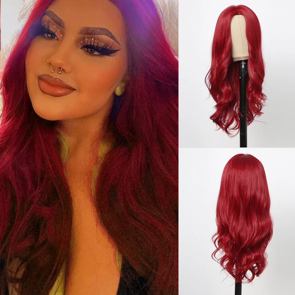 HENRY MARGU Red Long Wavy Wig for Women Cosplay Wig with Bangs Red Natural Wavy Synthetic Heat Resistant Wig for Daily Party Use