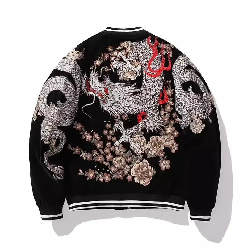 Chłopiec Mężczyźni Sukajan Souvenir Jackets Coiled Dragon Peony Embroidered Loose Coats Hip Hop Streetwear Red Black Stripe High Street — zdjęcie 5
