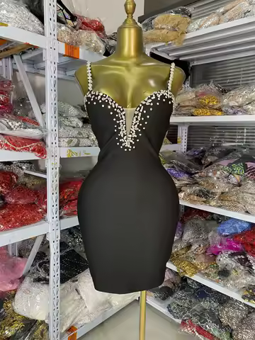 Factory Wholesale Women Black Bandage Dress Crystal Spaghetti Strap V Neck Bodycon Mini Celebrity Evening Club Party Dress Guest