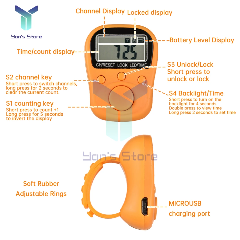 Licznik palców Świecący pierścień na palec Elektryczny cyfrowy licznik z wyświetlaczem z blokadą Liczniki z możliwością ładowania