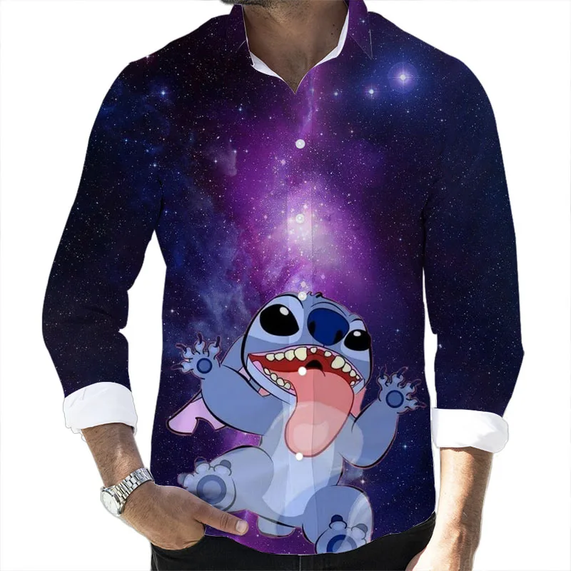 

Lilo and Stitch Cartoon 2024 Spring Harajuku New Fashion Casual 3D Printed Long Sleeve Lapel Shirt Slim Men's Top