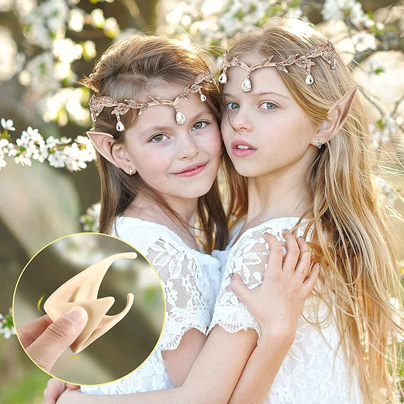 Diadema de corona de boda de hoja de diamantes de imitación para mujer, orejas de elfo de hadas de Halloween, tocado de fiesta de moda, accesorios para dama