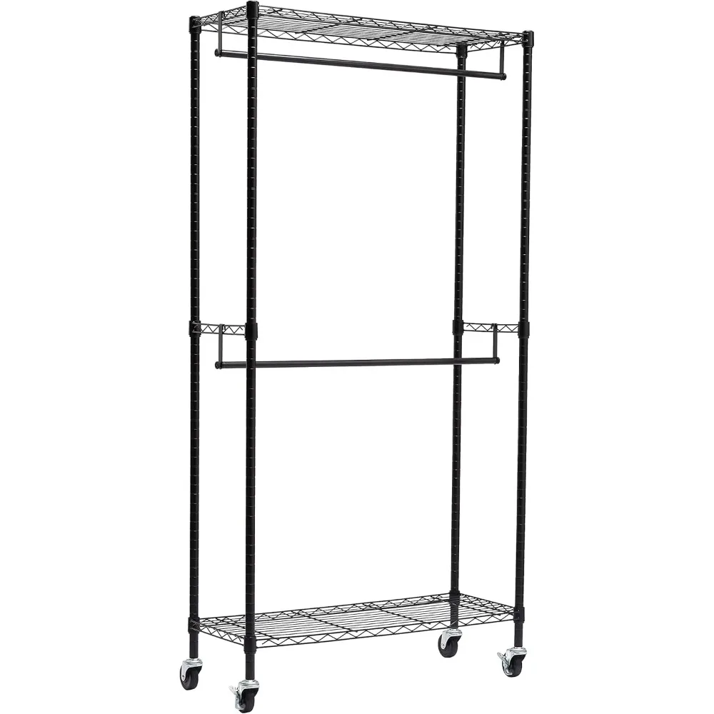 

Adjustable, Double Hanging Rod Garment Rolling Closet Organizer Rack with Wheels, Heavy Duty