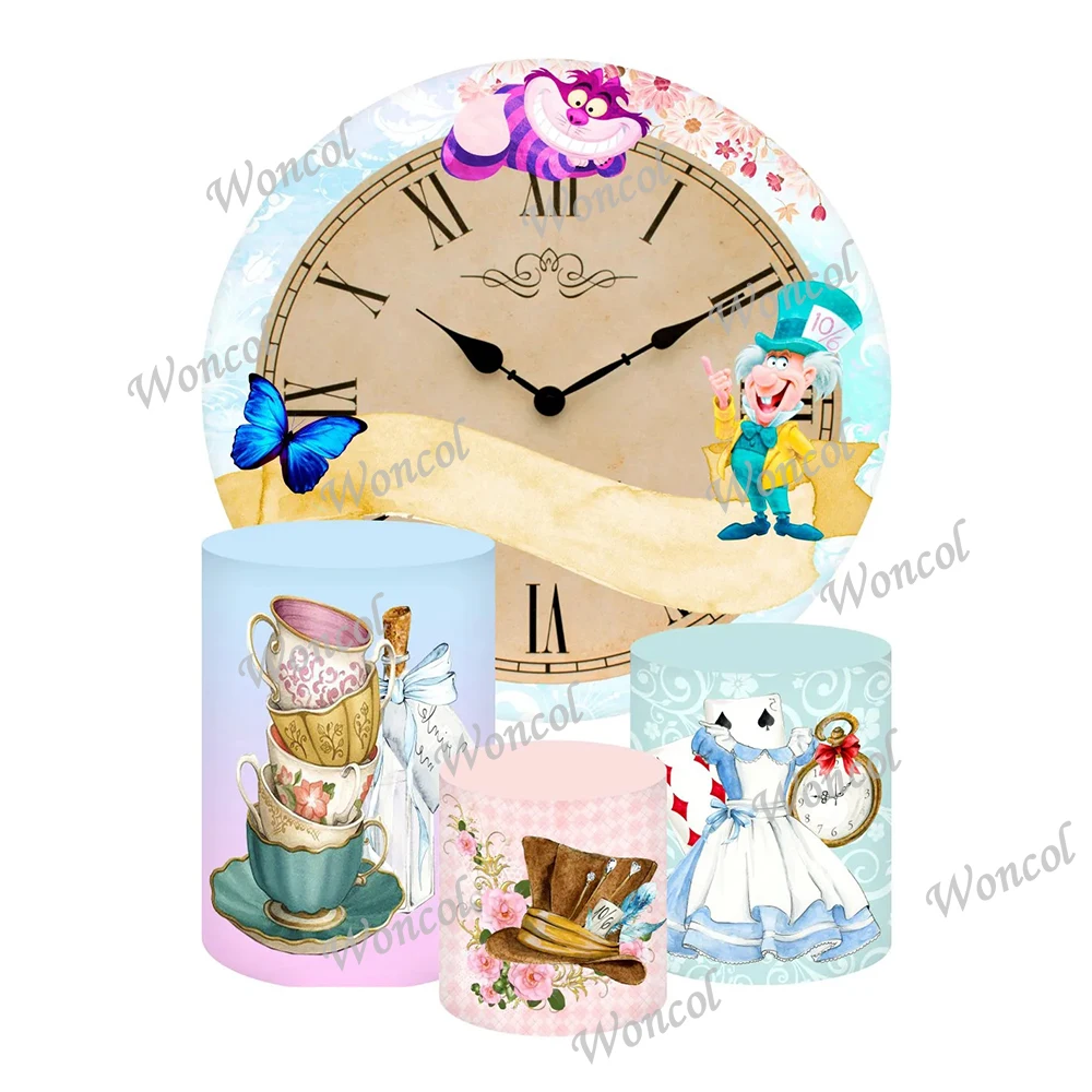 Fondo Circular para Fotos de Cumpleaños de Princesa con Diseño de Alicia en el País de las Maravillas, Taza de Té, Sombrero de Sombrerero Loco, Cubiertas Cilíndricas de Alicia