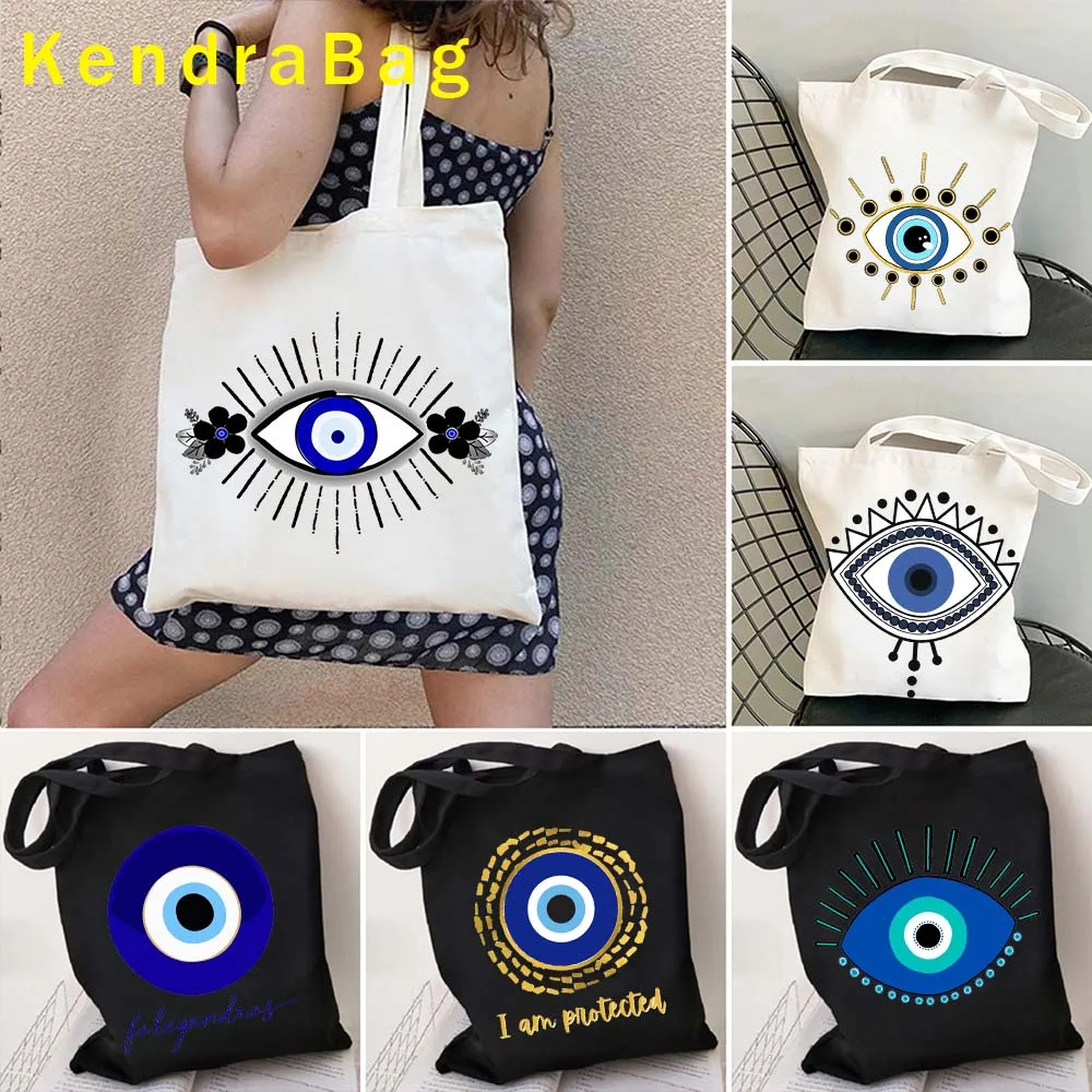 Griechischer böser Blick mati blau weiß Glücksbringer Blume Nazar Amulett Herz Griechenland bunte Leinwand Totes Tasche Harajuku Shopper Handtaschen