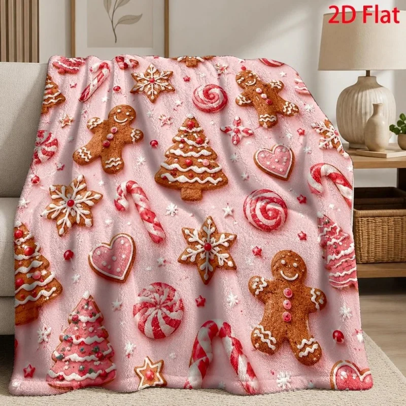 Pink Gingerbread Cookie Candy Print Throw Blanket, Sweet Xmas Biscuit Lollipop Pattern Holiday Throw Blanket