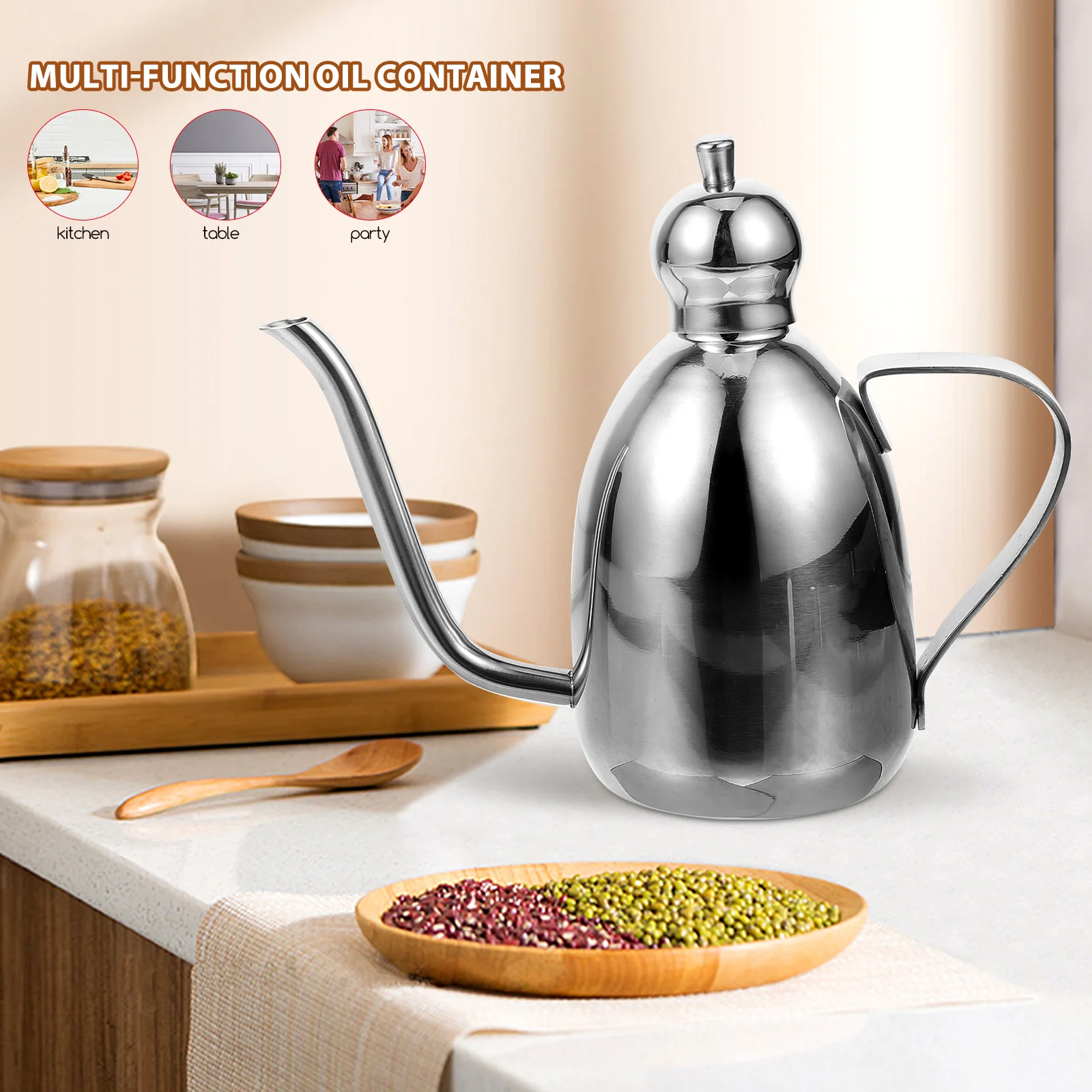 

Stainless Steel Oil Pot 0 35L Drum Shaped Vinegar Dispenser Bottle Kitchen Long Spout Leak Proof Soy Sauce Container Oil Jug