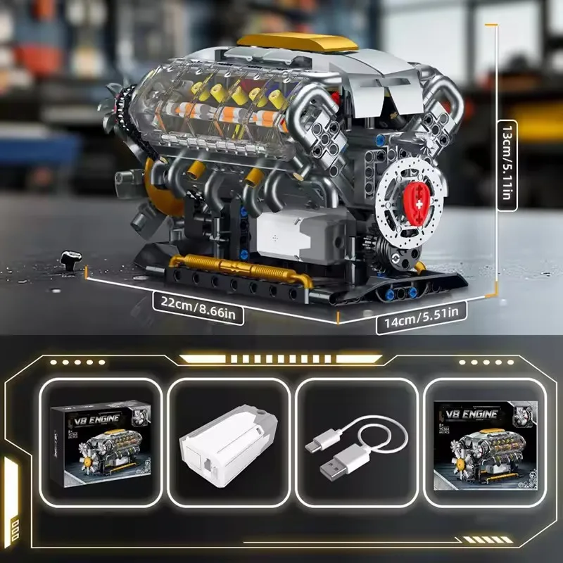 Technical Mechnical Electrice V8 Engine Building Blocks Simulation Car Engine MOC Bricks Science Education Toys Kids Adult Gift - view 4