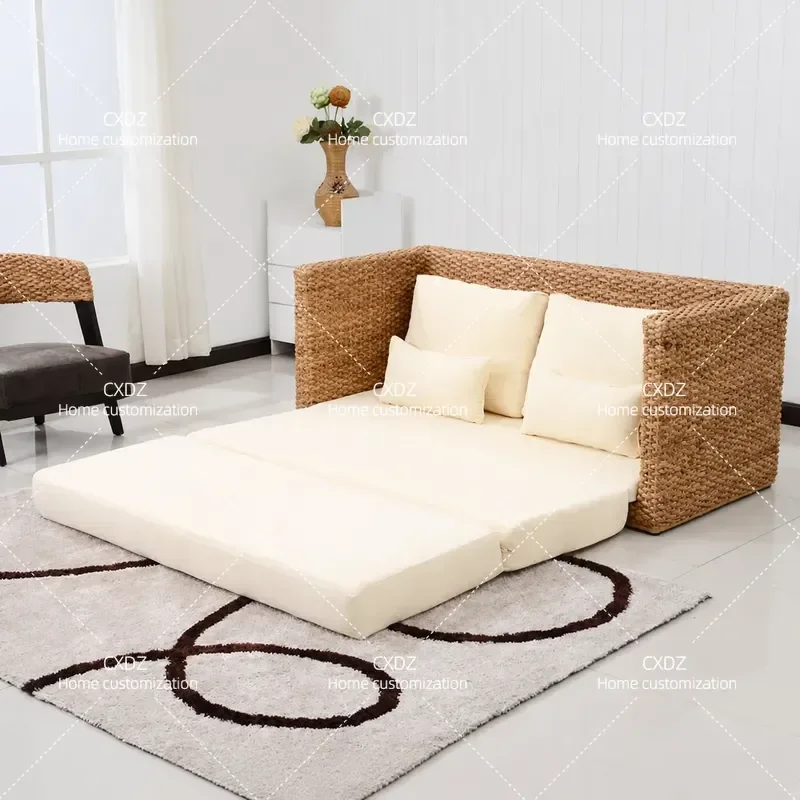 Modern Foldable Rattan Sofa Bed for Living Room and Balcony Stylish Simple Multi-functional Art Design Convertible Couch
