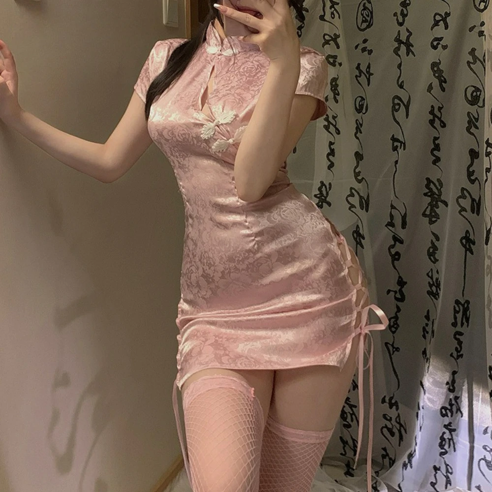 

Sexy Retro Cheongsam UniformHigh Slit Bandage Cheongsam Uniform Women Anime Cosplay Sexy Lingerie Hollow Qipao Dress xxx