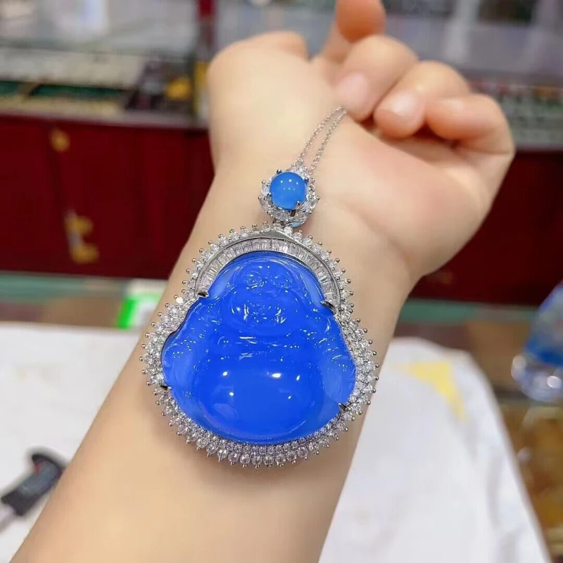 Natural 925 Silver Inlaid Blue Chalcedony Buddha Pendant Ice Blue Agate Maitreya Buddha Jade Necklace Ladies Luxury Jewelry Gift