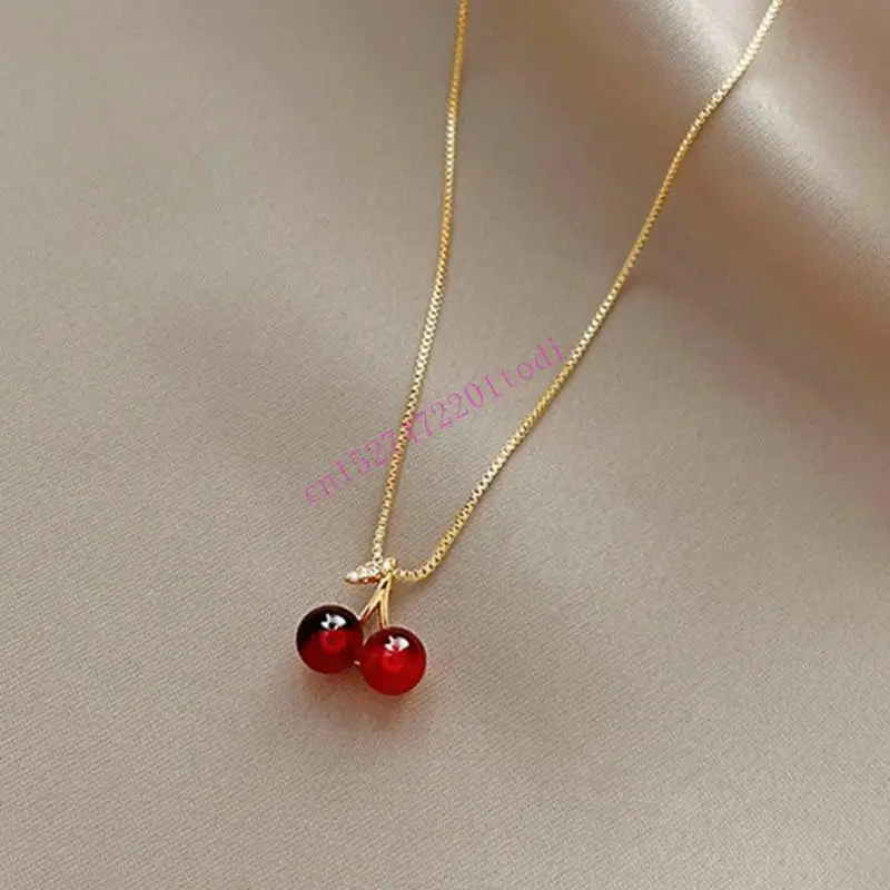 M76B Dainty Red Cherry Charm Metal Chain Countles