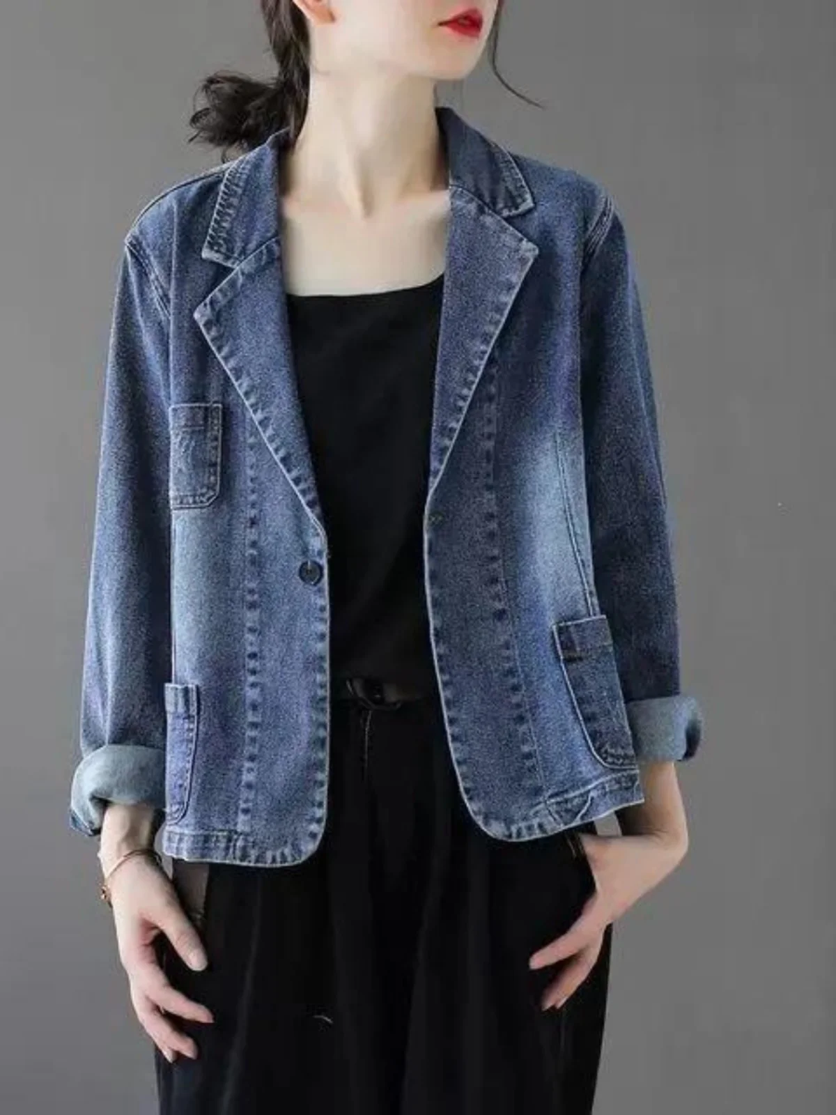 

Fall Denim Jacket Women's Casual Loose Style Korean Version Artistic Vintage Top for Middle-Aged And Elderly Mothers