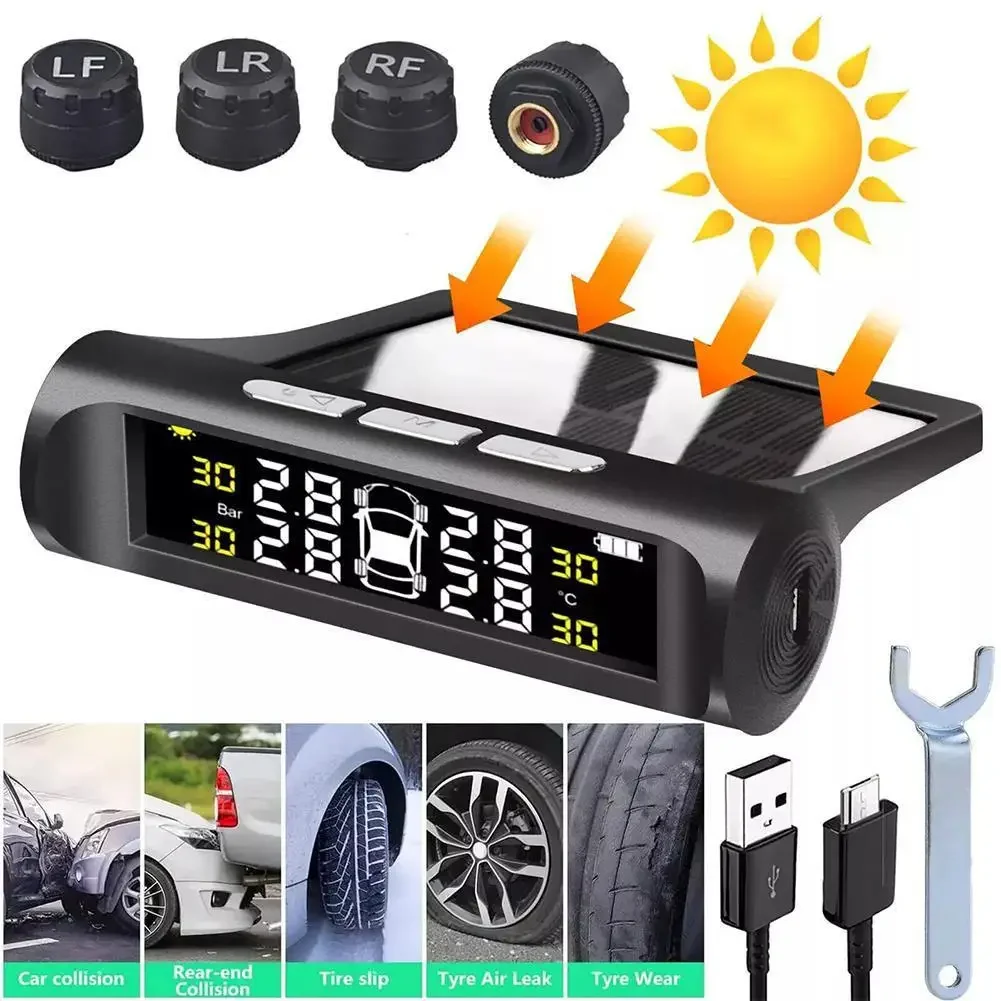 For Car Solar TPMS Tyre Pressure Monitor System LCD Display External Sensor Security Alarm