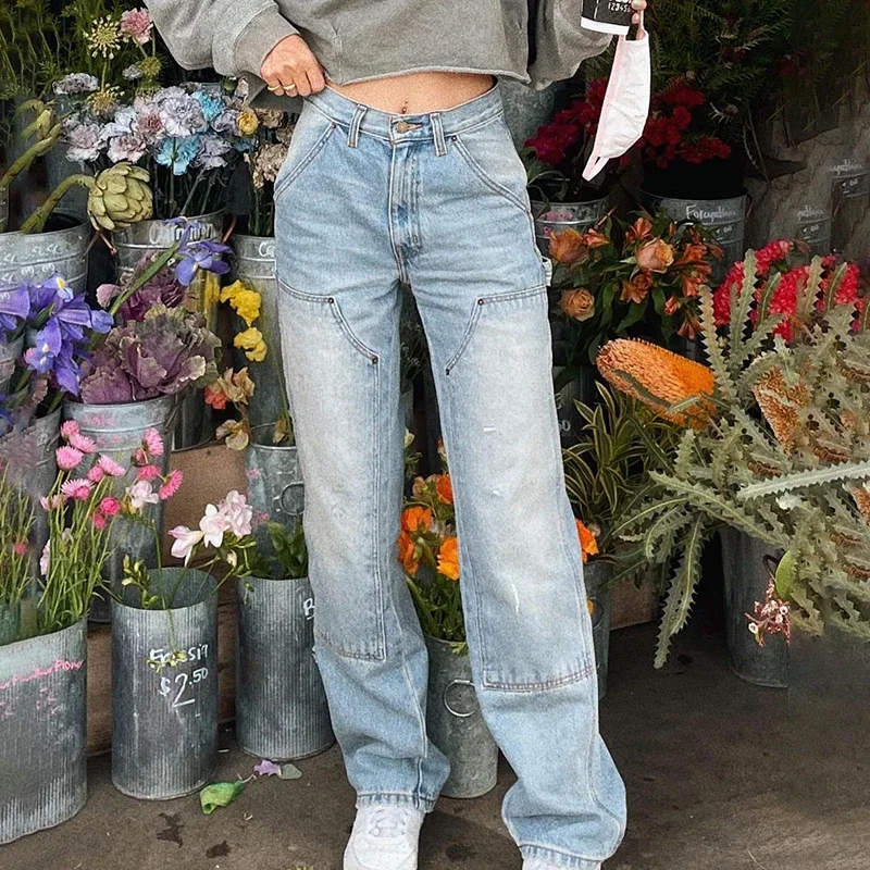 Streetwear High Waist Straight Jeans Women's Loose Overalls High Waist Patchwork Denim Trousers Summer Casual Korean Harajuku