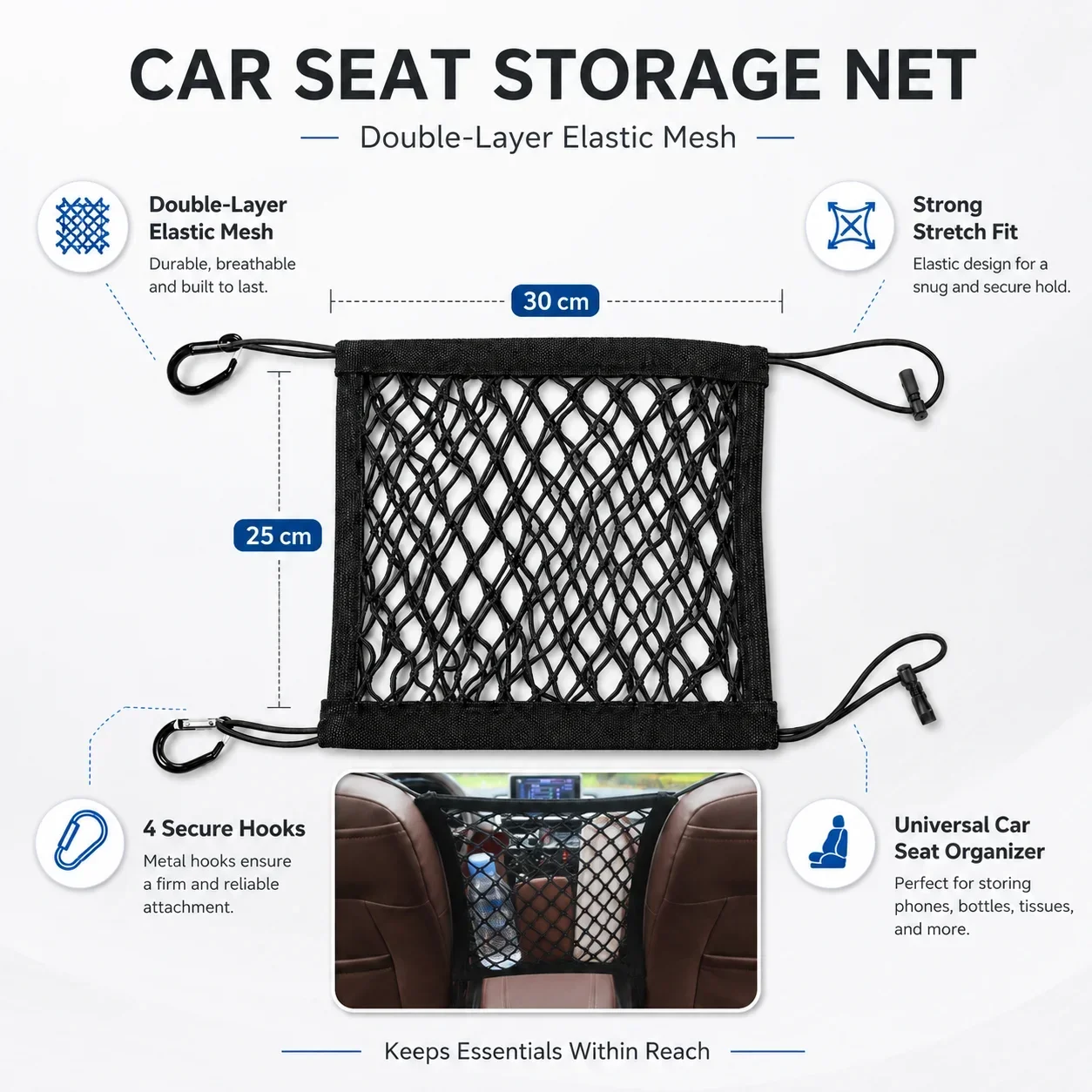 Car Seat Gap Mesh Storage Pouch, Elastic Organizer Bag, Vehicle Multi-Function Storage Net