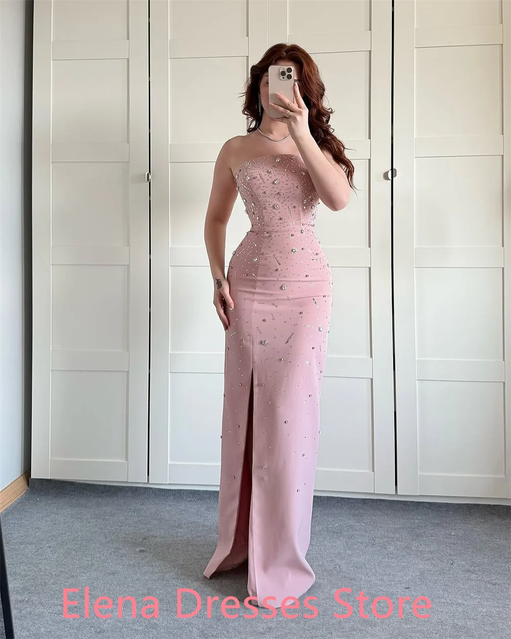 Vestido de fiesta de Jersey rosa elegante/gragico personalizado, vestido clásico sin tirantes de cristal con gradas, vestido de sirena con cremallera en la espalda
