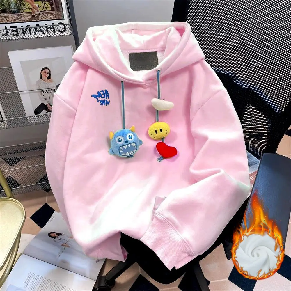 Winter plus velvet padded sweater women 2024 autumn and winter new hooded cartoon three-dimensional doll top loose coat