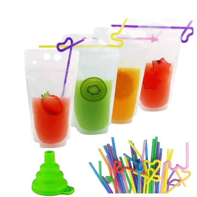 LUDA 100Pcs Drink Pouches With Straw Stand-Up Juice Pouches Bags, Reclosable Zipper Smoothie Bags With 1 Silicone Funnel