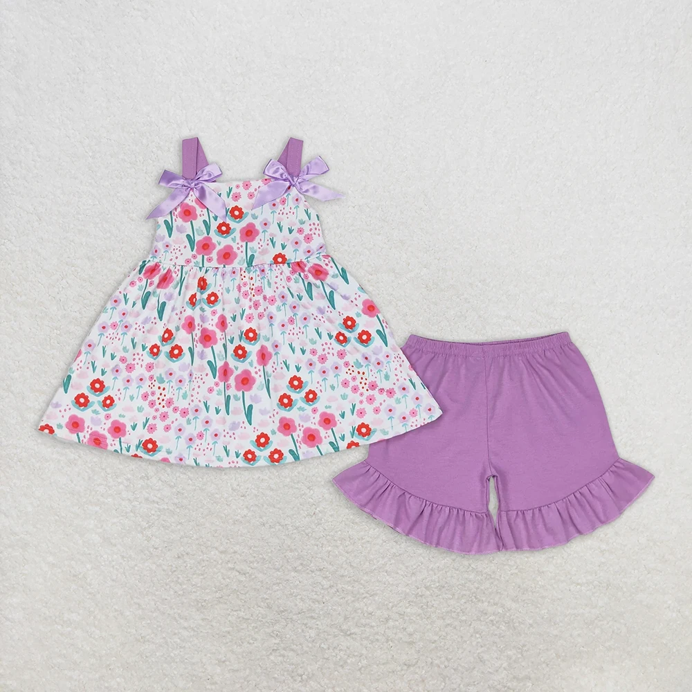 

Baby Girls Pink Tulip Flowers Bows Tunic And Shorts Set Summer Clothes Floral Straps Lavender Shorts Outfit for Little Girls