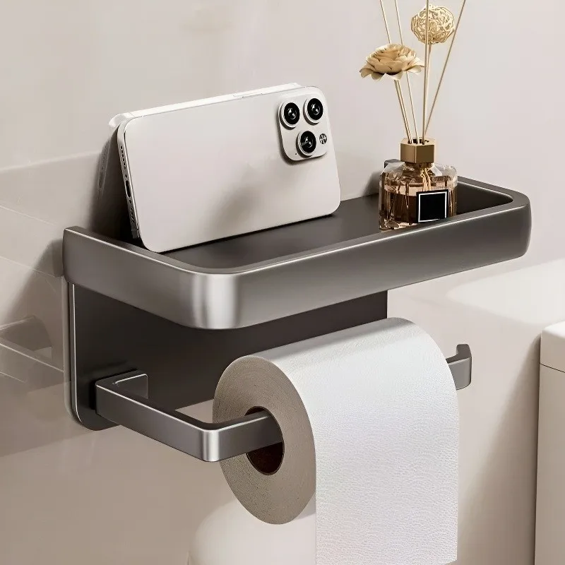 

A04G-No-Drill Installation Aluminum Toilet Paper Holder With Shelf In Multi-Colors Option