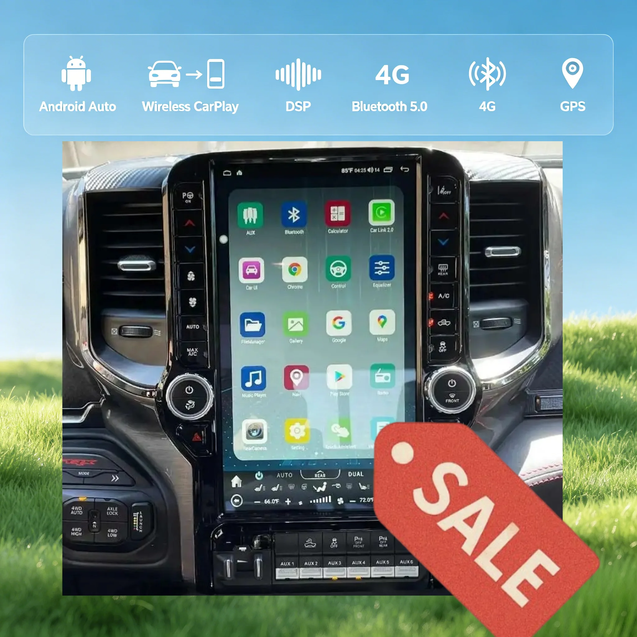 13.6Inch Car Radio For Dodge Ram 1500 2500 3500 2019-2023 CarPlay Multimedia Player GPS Touch Screen Android14 WIFI 4G Audio DSP