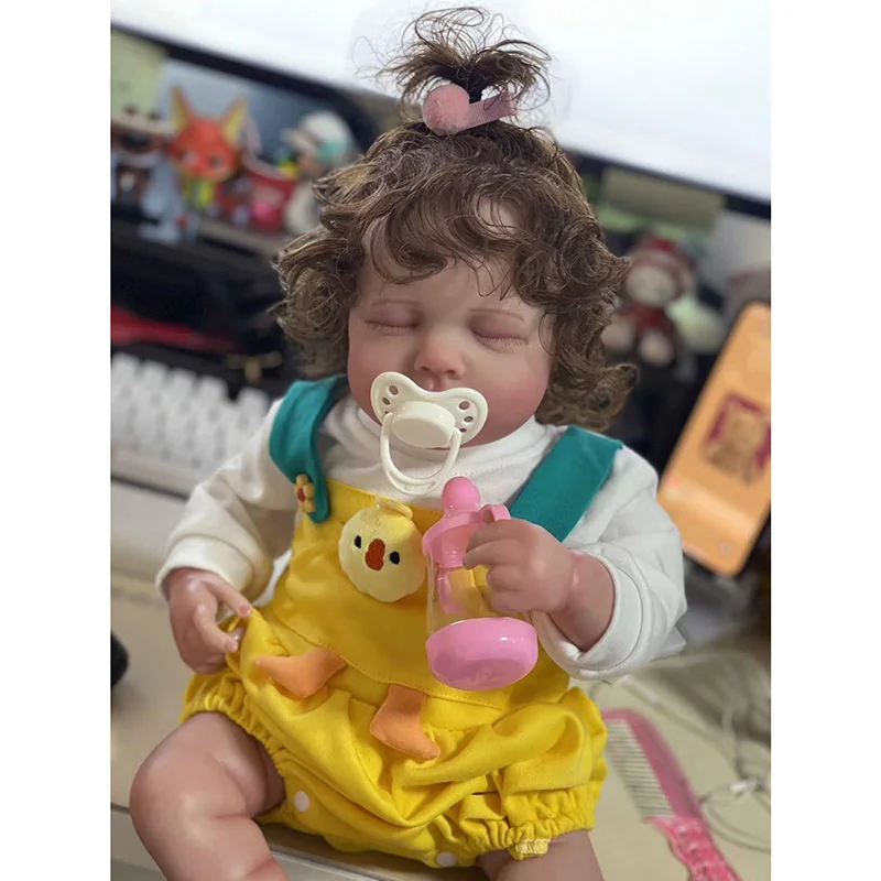 19inch Popular Loulou with Curly Hair Bebe Reborn Dolls Newborn Sleeping Baby Lifelike Baby Toys for Kids Girls Visible Veins