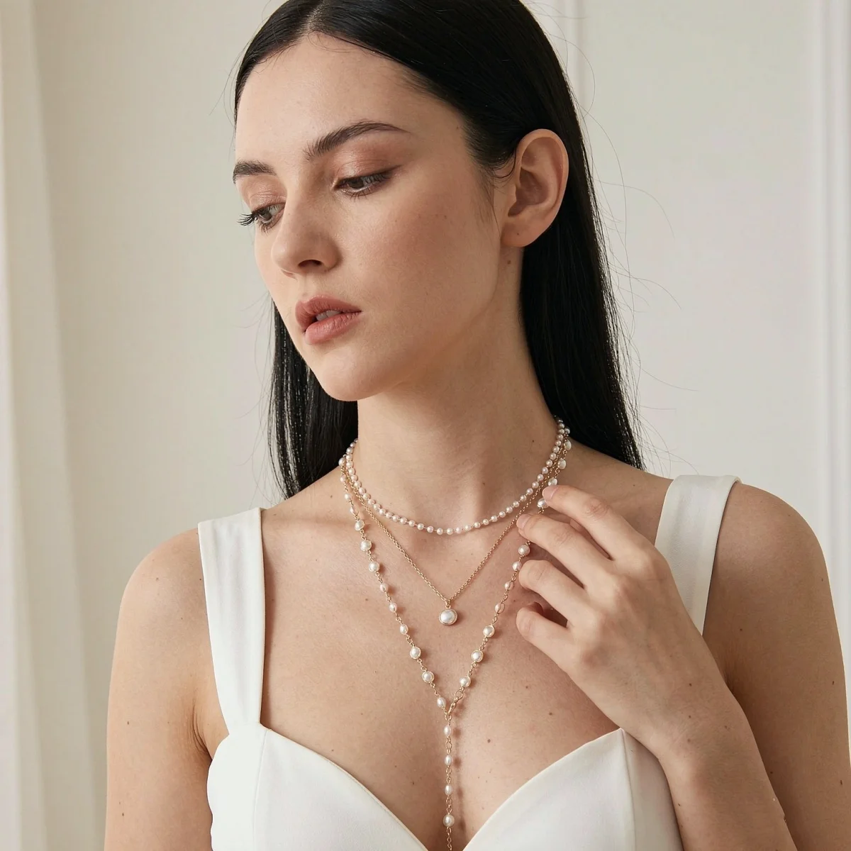 Vintage Elegante Simulierte Perlen-Halskette für Damen, Mehrschichtige Y-förmige Pulloverkette, Choker, Hochzeitsschmuck – Detail 6