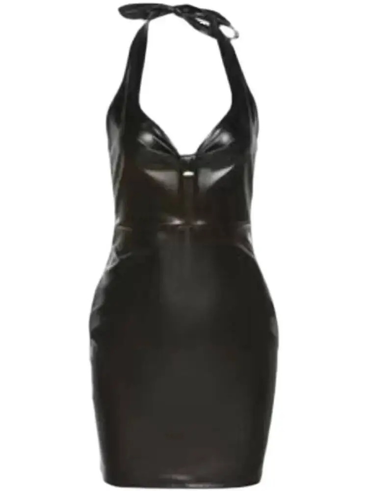 WOMENGAGA Europe Autumn New Tank Mini Dress Women New Hot Hollow Out PU Leather Sexy Tight High Waist Skinny Hip Slim Korean F0V