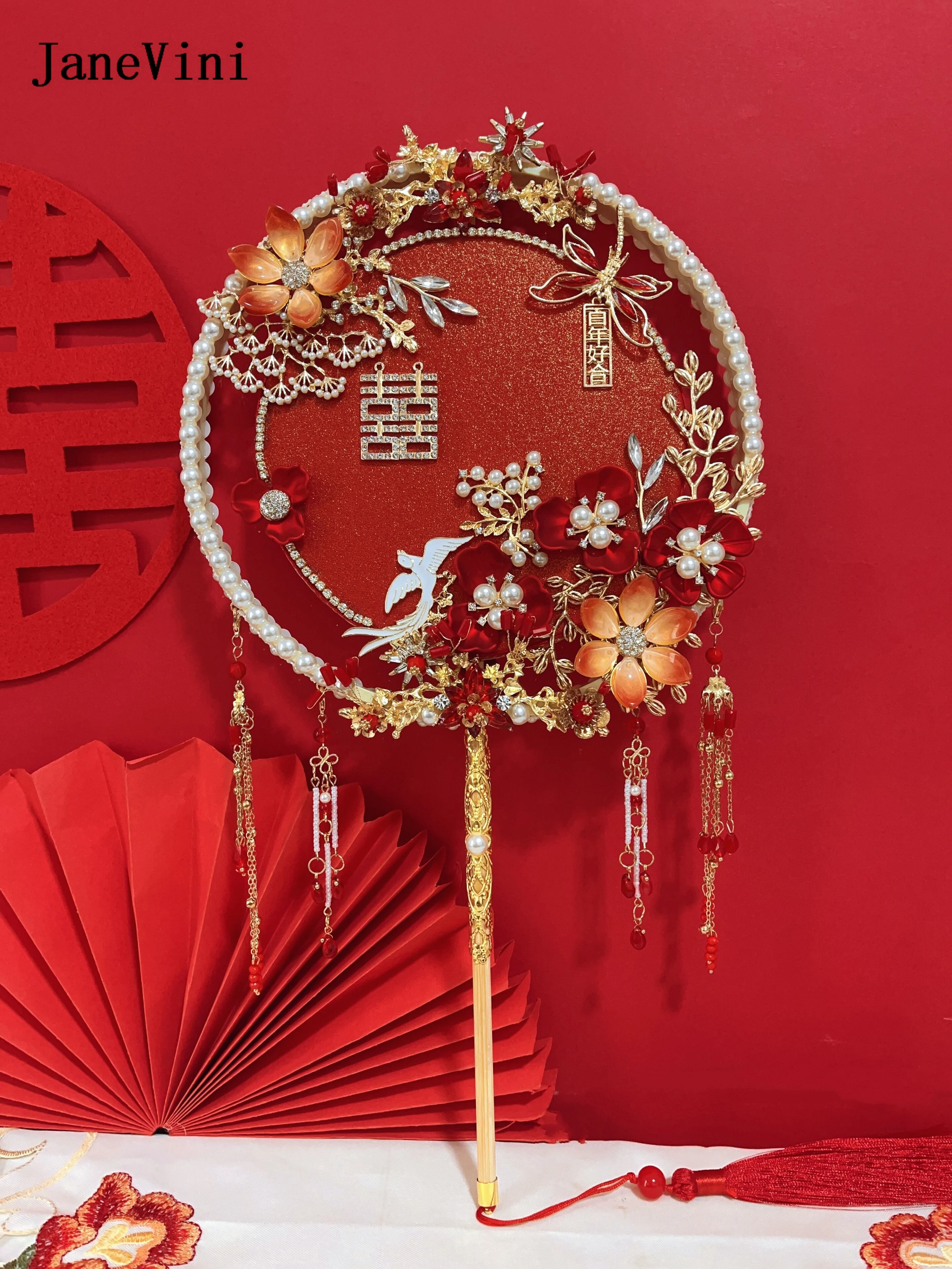 JaneVini Luxury Red Bridal Bouquets Fan Type Artificial Blue Flowers Crystal Chinese Metal Round Fan Wedding Jewelry Accessories