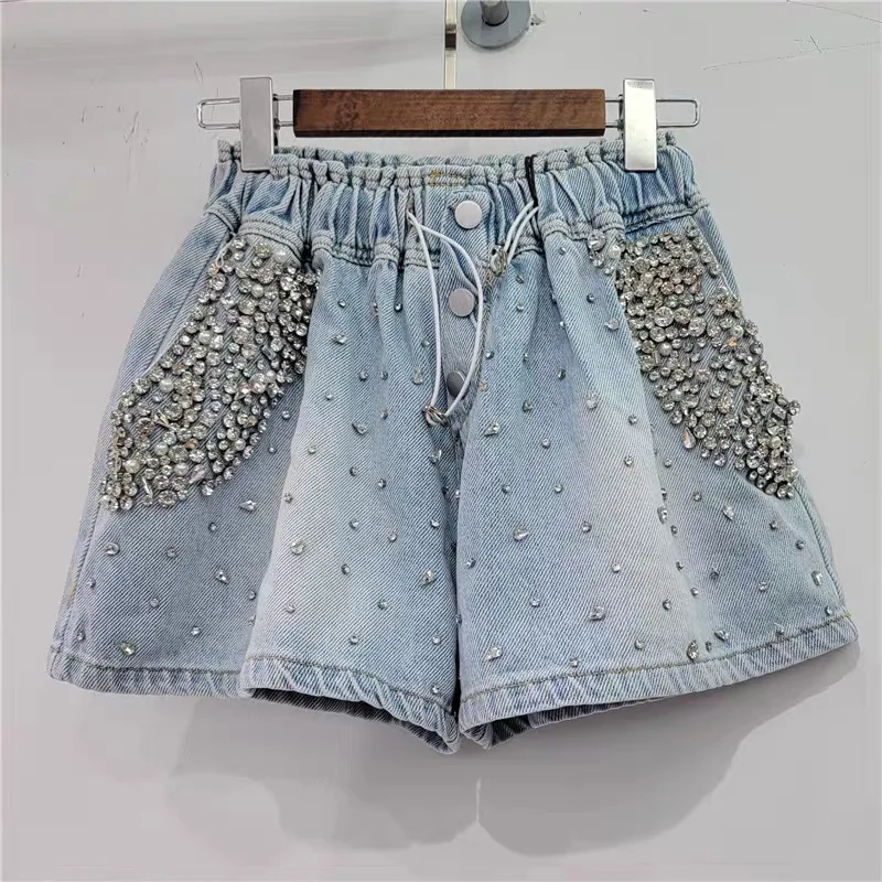 Shorts Women Jeans Straight Denims Sexy Diamonds Vintage Washed Distressed High Waist Button Summer Streetwear Short Pants