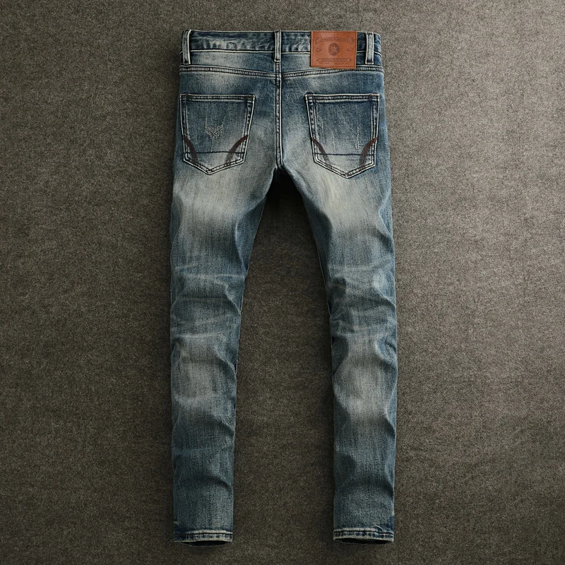 Fashion Designer Men Jeans High Quality Retro Washed Blue Stretch Slim Fit Ripped Jeans Men Vintage Straight Denim Pants Hombre