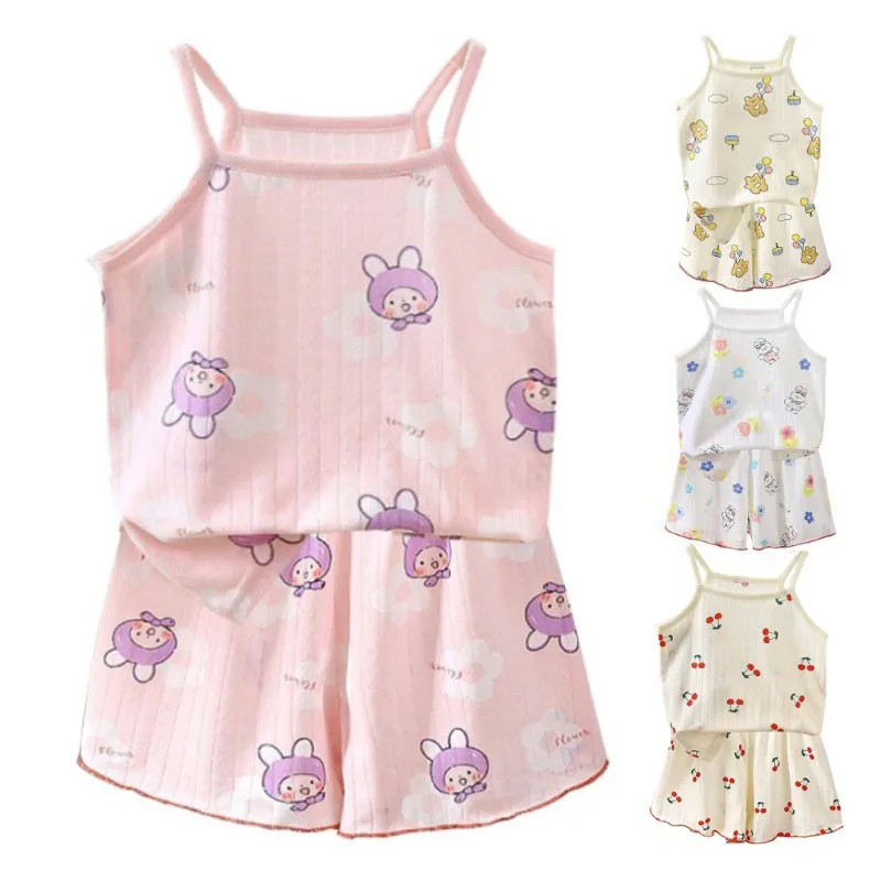 Summer Camisole Sling Tops+Shorts 2-Piece Set Girl\'s Soft Cotton Pajamas Fashion Cartoon Print Kids Home Clothes Casual Suit New