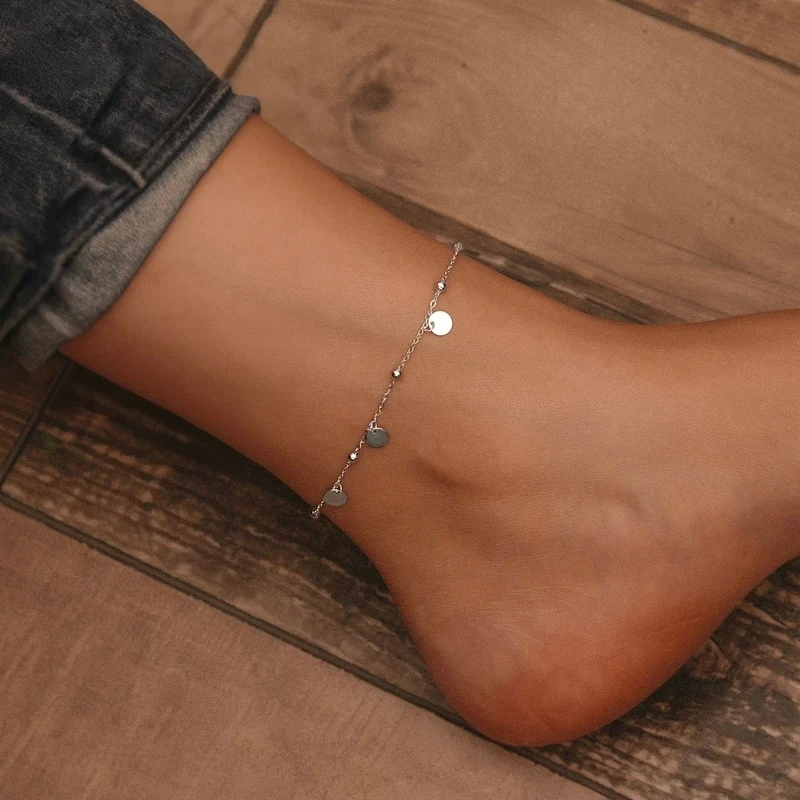 YISON New Silver Beads Anklets 925 Sterling Silver Geometric Minimalist Summer Fashion Bracelet for Ankle Foot Jewelry Girl Gift