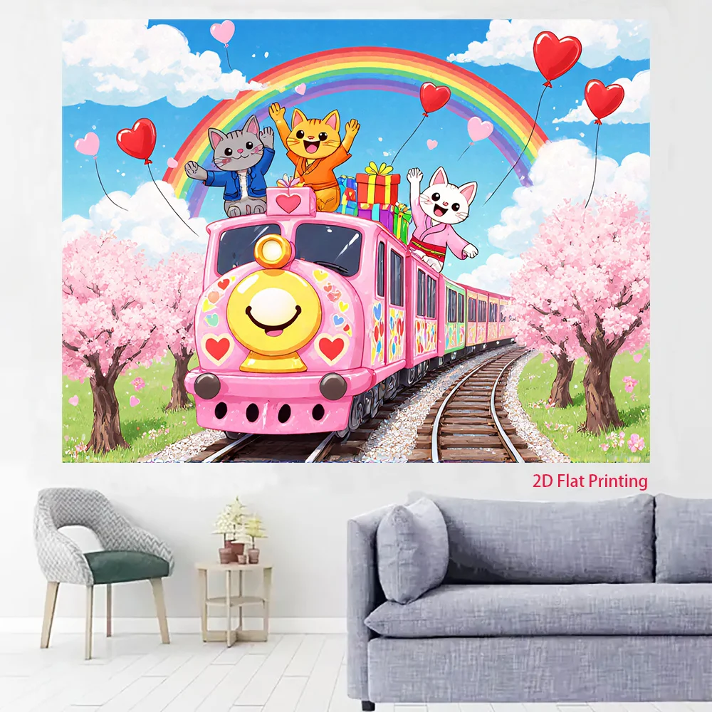 Cute Cat Train Tapestry, Rainbow Cherry Blossom Wall Hanging for Kids Room Decor, Kawaii Animal Art Gift