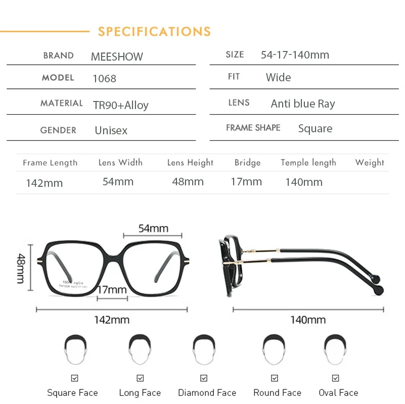 Meeshow Minimalist Square Oversize Women Eyeglasses Anti Blue Light Multifocal Progressive Custom Prescription Optical Frames