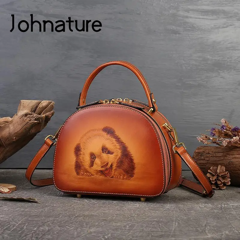 

Johnature Genuine Leather Women Bag 2024 New Vintage Handmade Panda Pyrography Handbag Versatile Real Cowhide Shoulder Bags