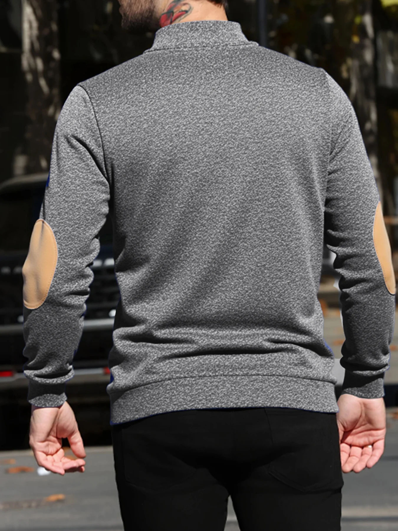 Men Vintage Stand Collar Pullover Sweatshirt Elbow Patches Button Placket Long Sleeve Casual Autumn Winter Daily Top